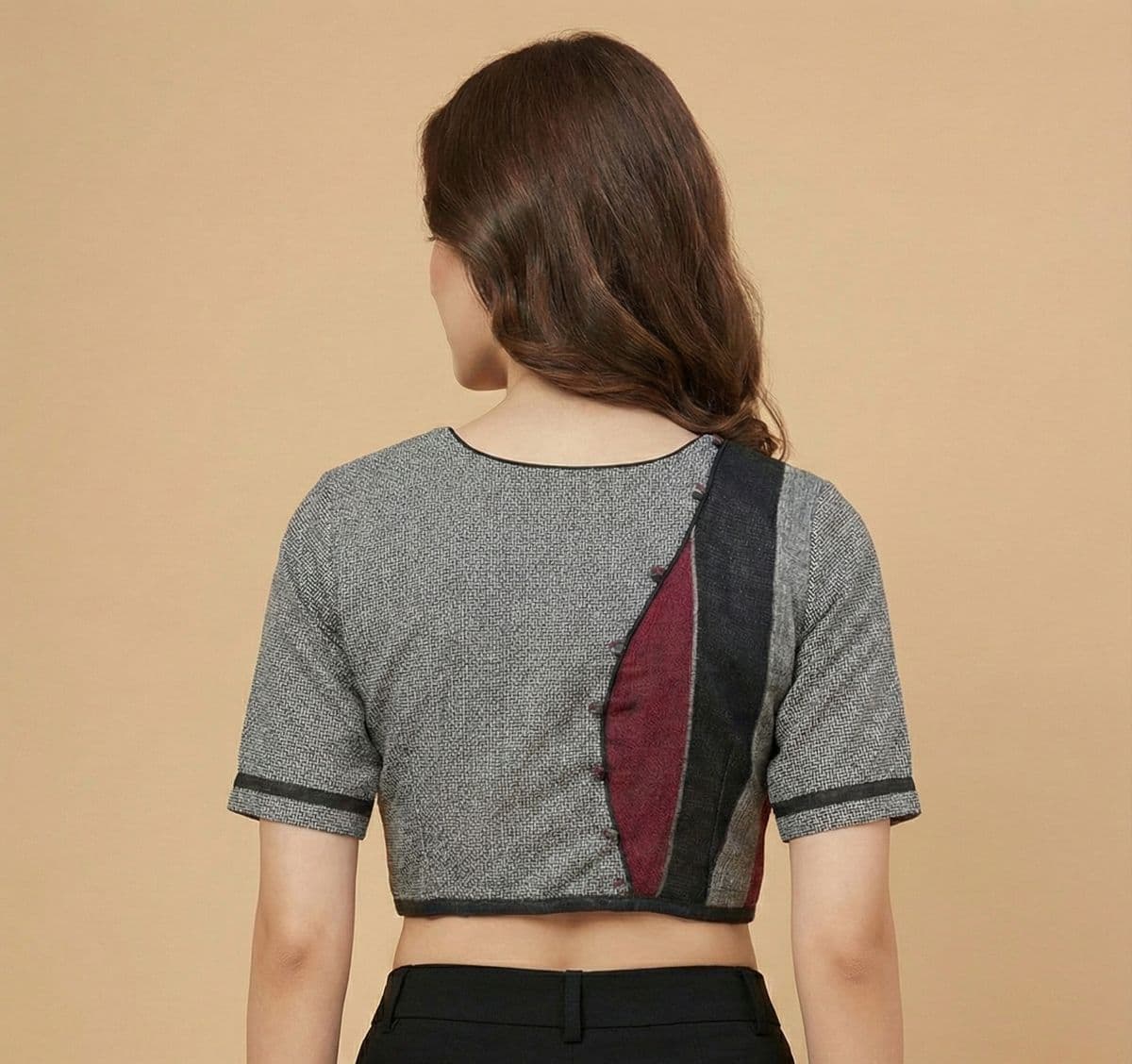 Grey Textured Patchwork Blouse