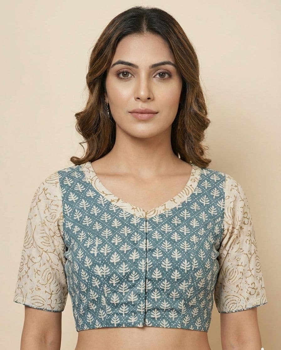 Dual-Tone Leaf & Floral Block-Print Cotton Blouse