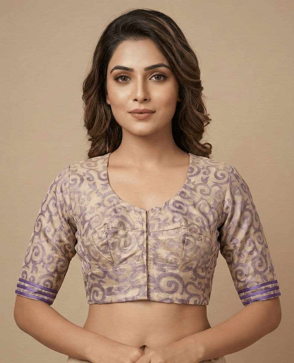 Beige & Violet Swirl Woven Art Silk Blouse