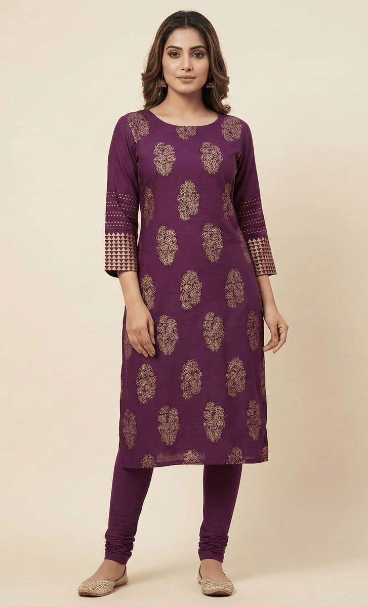 Royal Purple Gold Foil Print Rayon Kurti