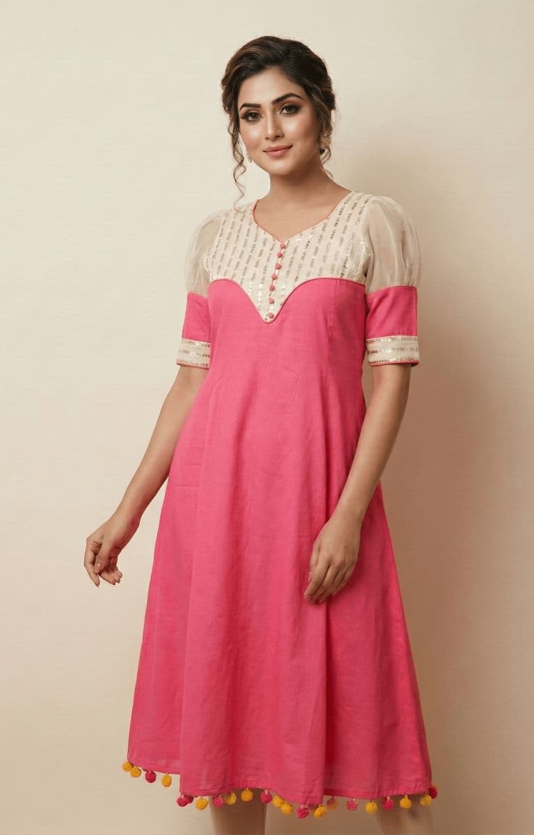 Rani Pink Sheer-Yoke Puff Sleeve Kurti with Sequin Detail